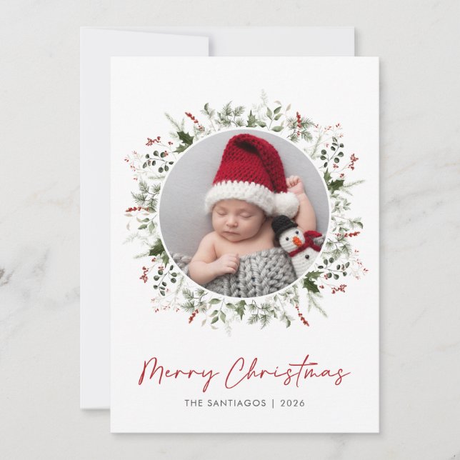 Cartes Pour Fêtes Annuelles Végétation botanique Wreath Photo de Noël (Devant)