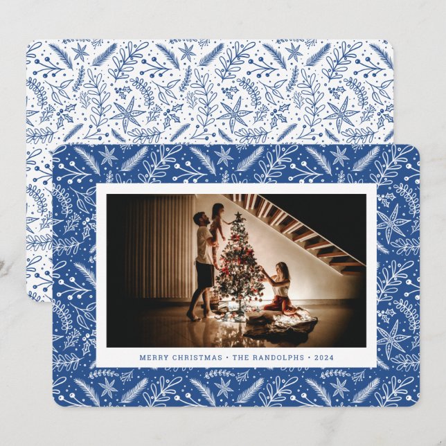 Cartes Pour Fêtes Annuelles Végétation de Noël (Bleu) Photo horizontale (Devant / Derrière)
