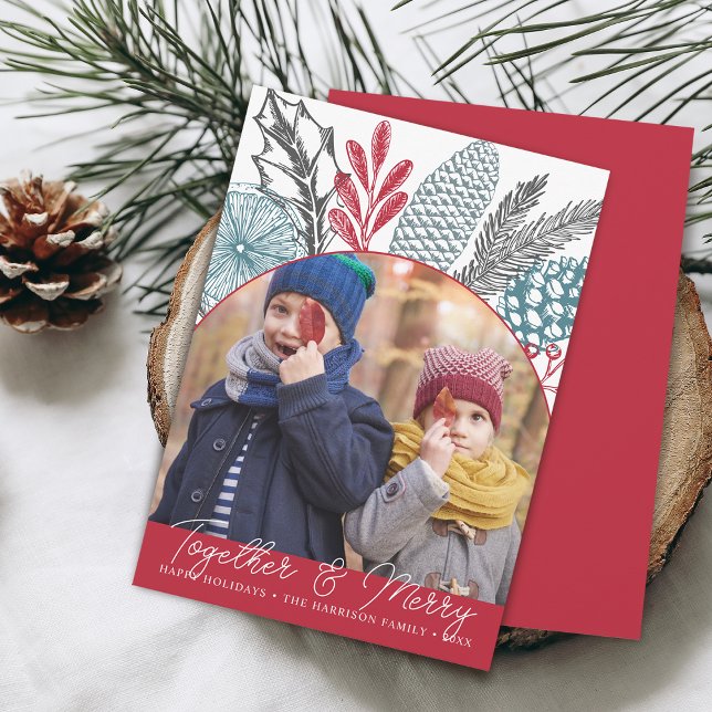 Cartes Pour Fêtes Annuelles Végétation d'hiver et joyeux photo (Winter Greenery Together and Merry Photo Holiday Card)