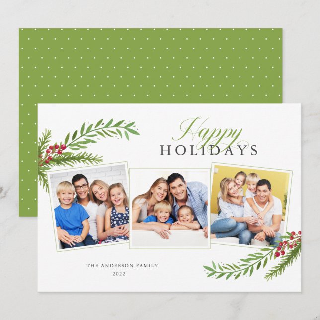 Cartes Pour Fêtes Annuelles Végétation d'hiver Minimal 3 Photo Joyeuses Fêtes (Devant / Derrière)