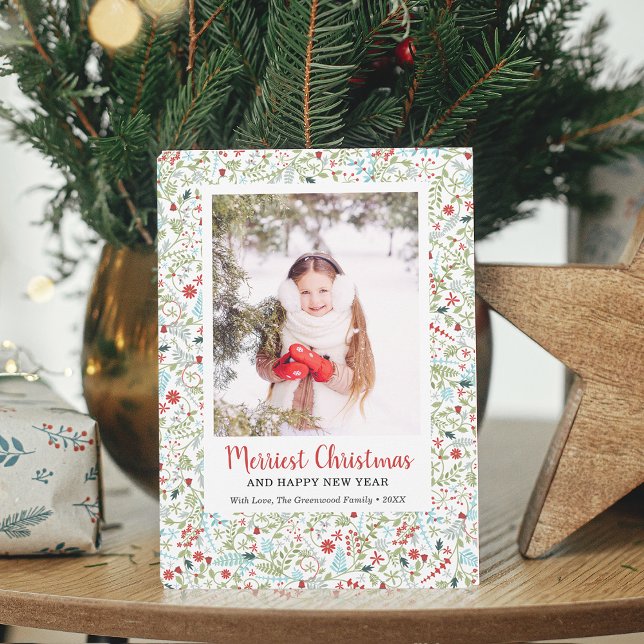 Cartes Pour Fêtes Annuelles Végétation d'hiver Motif Merriest Christmas Photo (Winter Greenery Pattern Merriest Christmas Photo Holiday Card)