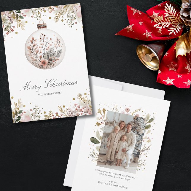 Cartes Pour Fêtes Annuelles Végétation rose pâle Photo de famille de Noël (pale green and blush pink mistletoe christmas greeting card)