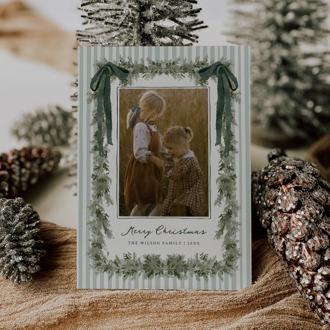 Cartes Pour Fêtes Annuelles Velvet Bow and Stripes Christmas Photo Card Green (Créateur téléchargé)