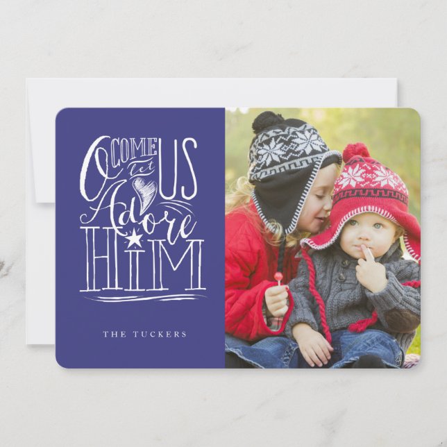 Cartes Pour Fêtes Annuelles Venez Adore-Lui Famille Photo Bleu (Devant)
