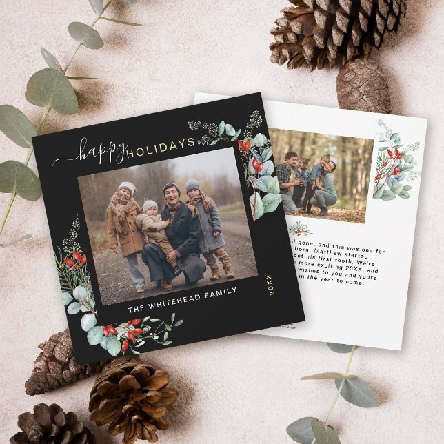 Cartes Pour Fêtes Annuelles Verdure botanique Aquarelle Élégante Noir (You will love these beautiful Christmas cards! They feature botanical watercolor pine and berries.)
