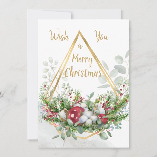 Cartes Pour Fêtes Annuelles Verdure de Noël, baubles, cadre d'effet or (Devant)