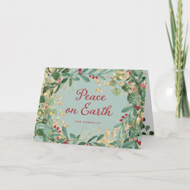 Cartes Pour Fêtes Annuelles Verdure dorée | Paix sur Terre (Devant)