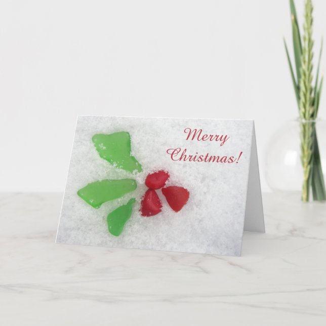 Cartes Pour Fêtes Annuelles Verre marin "Holly" sur neige - Inclusive (Devant)