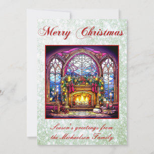 Cartes Pour Fêtes Annuelles Verre Vibré Cosy Cheminée Parties scintillant vert