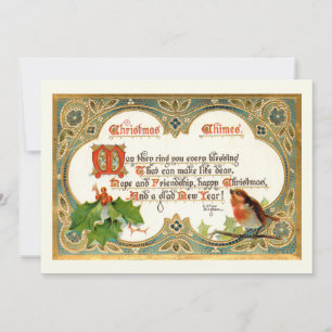 Cartes Pour Fêtes Annuelles Verse de Noël Ornat Gold Vintage, Robin & Holly