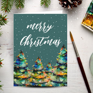 Cartes Pour Fêtes Annuelles Vert aquarelle Noël Arbre de neige Flèches