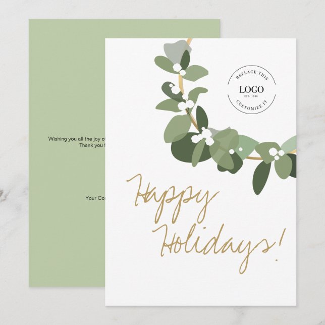 Cartes Pour Fêtes Annuelles Vert Blanc Moderne Wreath Logo d'entreprise Happy (Devant / Derrière)