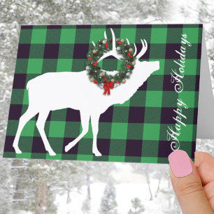 Cartes Pour Fêtes Annuelles Vert Buffalo Plaid Elk Silhouette Vacances Wreath