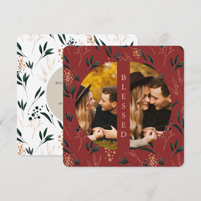 Cartes Pour Fêtes Annuelles Vert doré Béni Deux Photo Rouge (Devant / Derrière)