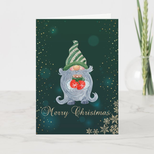 Cartes Pour Fêtes Annuelles Vert Élégant, Gnome mignonne, Branches de pins (Devant)