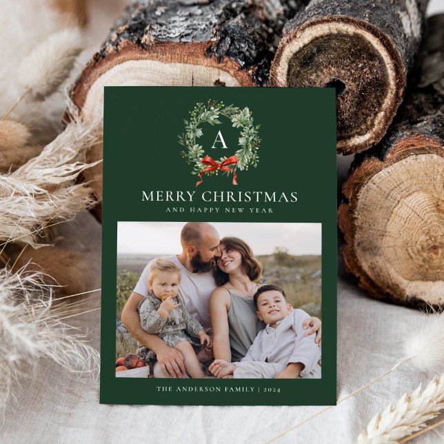 Cartes Pour Fêtes Annuelles Vert Élégant Monogramme Wreath Noël Deux photos (Créateur téléchargé)