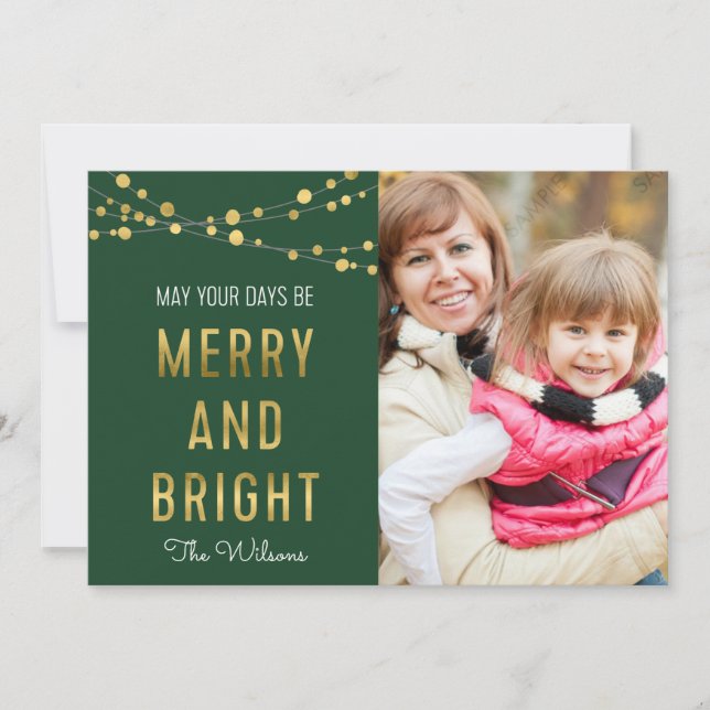 Cartes Pour Fêtes Annuelles Vert, Faux Or Merry & Bright Lights Photo (Devant)