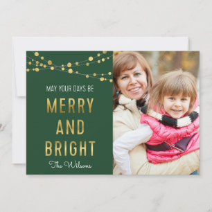 Cartes Pour Fêtes Annuelles Vert, Faux Or Merry & Bright Lights Photo