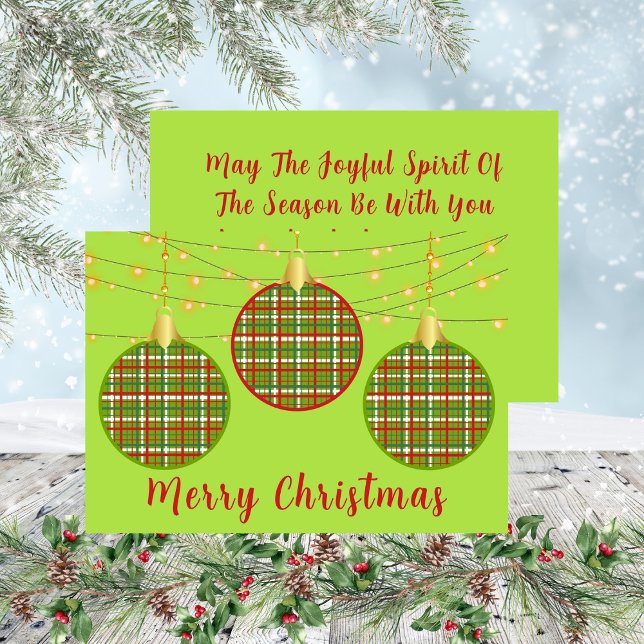 Cartes Pour Fêtes Annuelles Vert Joyeux Noël Trio Ornements Plaid (Green Merry Christmas Trio Plaid Ornaments Holiday Card)