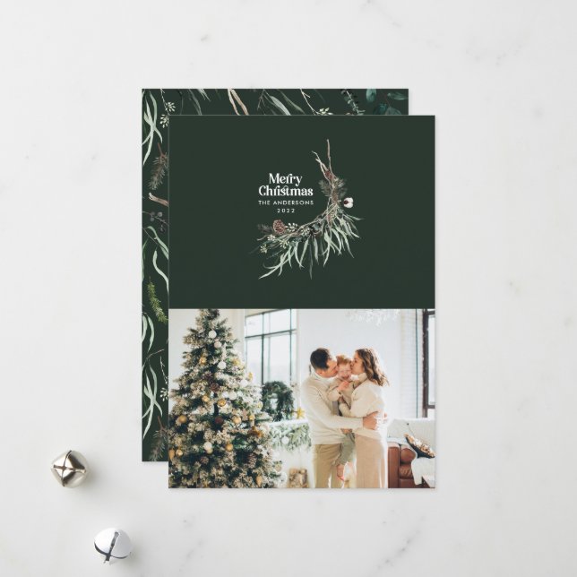 Cartes Pour Fêtes Annuelles Vert moderne élégante aquarelle botanique rustique (Devant/Arrière en situation)