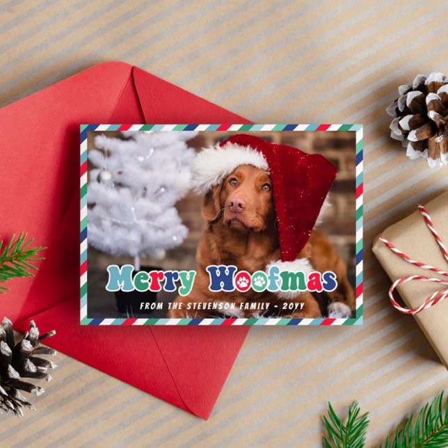Cartes Pour Fêtes Annuelles Vert Rouge Bleu Rétro Joyeux Woofmas Chien Noël (Créateur téléchargé)