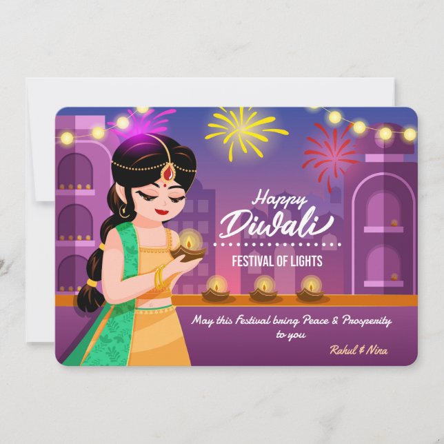 Cartes Pour Fêtes Annuelles Vibrant Indian Girl Happy Diwali Festival of Light (Devant)