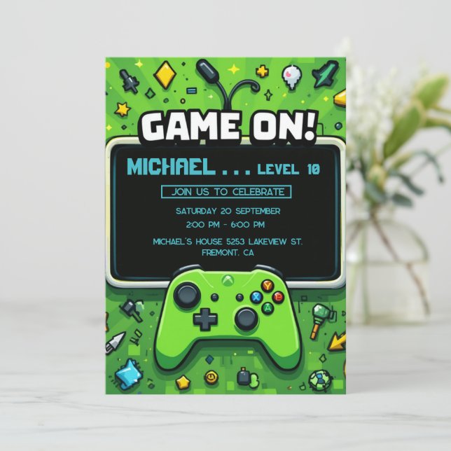 Cartes Pour Fêtes Annuelles Vidéo Jeu Green Anniversaire de enfant Party Invit (Debout devant)