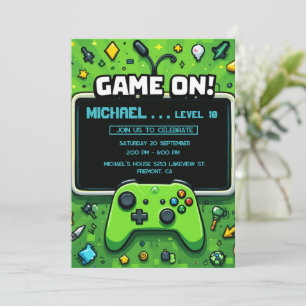 Cartes Pour Fêtes Annuelles Vidéo Jeu Green Anniversaire de enfant Party Invit