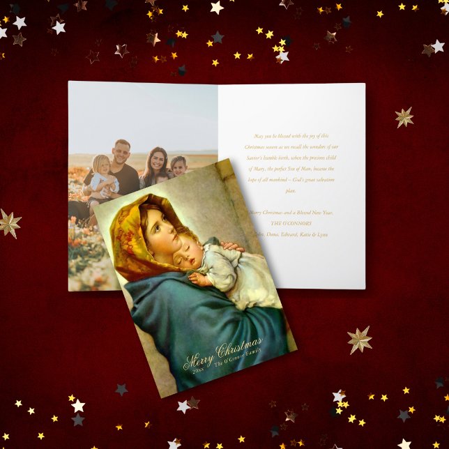 Cartes Pour Fêtes Annuelles Vierge Marie & Jésus avec photo Noël catholique (Folded religious Christmas card with Madonna and Child and family photo for Catholics and Christians)