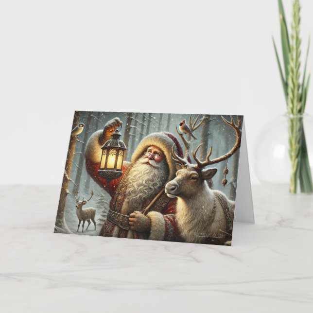Cartes Pour Fêtes Annuelles Vieux Monde Elfe Lanterne de Santa Rennes Oiseaux  (Devant)