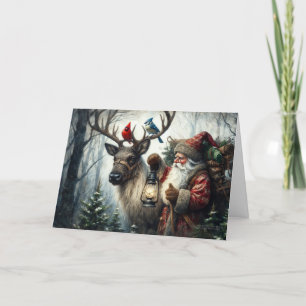 Cartes Pour Fêtes Annuelles Vieux Monde Santa Bois enneigé Renne Oiseaux