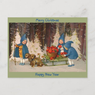 Cartes Pour Fêtes Annuelles Vieux Noël Joyeux Enfants, Chiots, Champignons