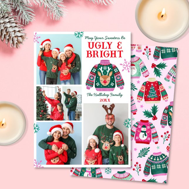Cartes Pour Fêtes Annuelles Vilain et brillant 4 Photo Sweater Collage (Ugly and Bright 4 Photo Ugly Sweater Christmas Holiday Card)