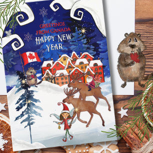 Cartes Pour Fêtes Annuelles Village canadien fantaisiste & Renne du Nouvel An