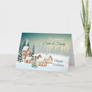 Cartes Pour Fêtes Annuelles Village couvert de neige Soeur et sa famille
