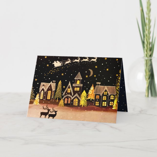 Cartes Pour Fêtes Annuelles Village de Noël doré Cerf Nuit d'hiver (Devant)
