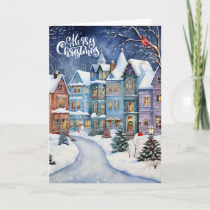 Cartes Pour Fêtes Annuelles Village de Noël Pins d'hiver et oiseaux cardinaux