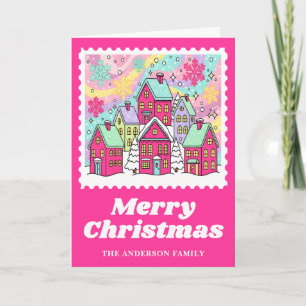 Cartes Pour Fêtes Annuelles Village de Noël rose vif Timbre sur scène