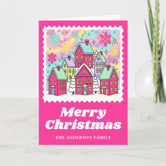 Cartes Pour Fêtes Annuelles Village de Noël rose vif Timbre sur scène (Devant)