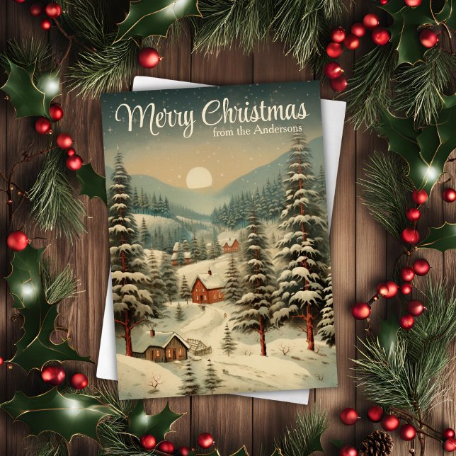 Cartes Pour Fêtes Annuelles Village de Noël rustique couvert de neige (Rustic Country Snow Capped Christmas Village Holiday Card)