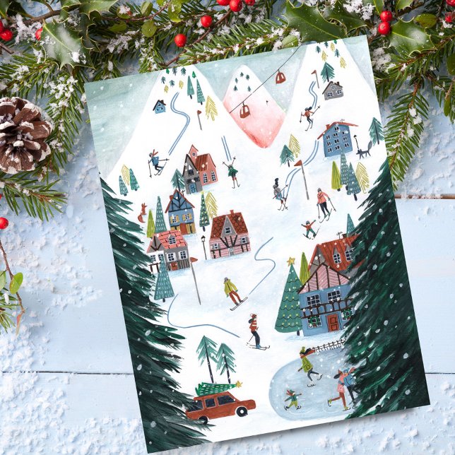 Cartes Pour Fêtes Annuelles Village de patinage nordique (Cute Nordic skating Village Christmas Holiday Postcard)