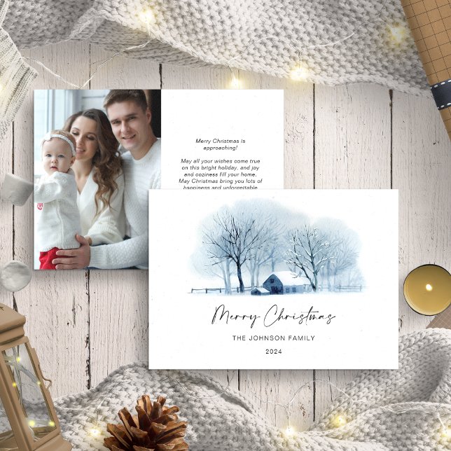 Cartes Pour Fêtes Annuelles Village d'hiver bleu Noël Landsca Rustic Photo (Créateur téléchargé)