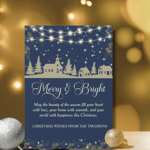 Cartes Pour Fêtes Annuelles Village d'hiver élégant bleu marine doré pétillant