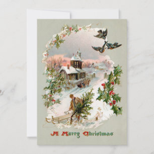 Cartes Pour Fêtes Annuelles Village d'hiver rustique avec Holly