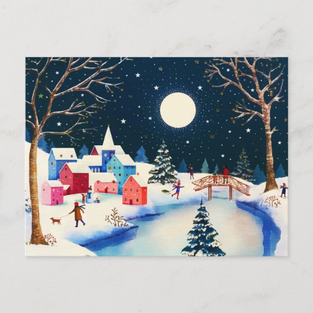 Cartes Pour Fêtes Annuelles Village enneigé de l'hiver bleu festif  (Devant)
