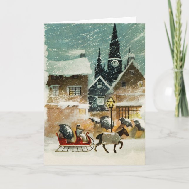 Cartes Pour Fêtes Annuelles Village neige Sleigh Horse Vide Noël (Devant)