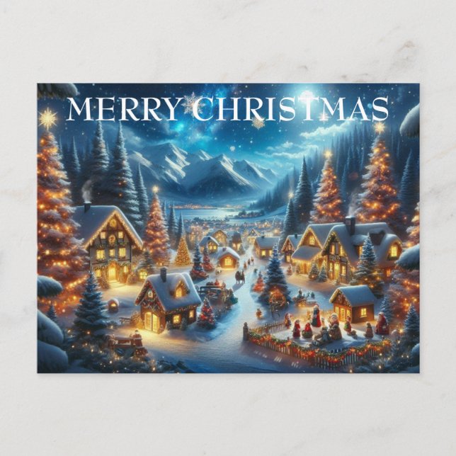 Cartes Pour Fêtes Annuelles Village Snowy Scene Peinture Noël (Devant)