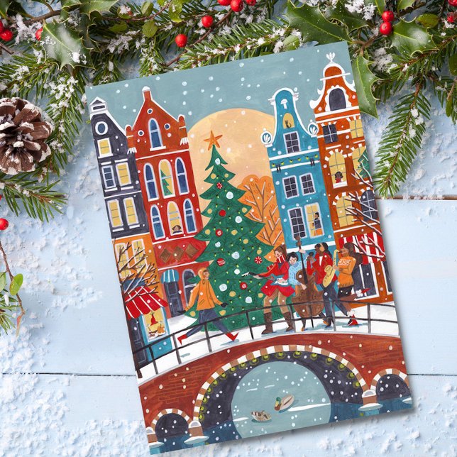 Cartes Pour Fêtes Annuelles Ville moderne Amsterdam Noël (Cute modern City Amsterdam Christmas Holiday Postcard)