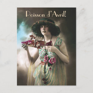 Cartes Pour Fêtes Annuelles Vintage Avril Fools Day Girl avec poisson
