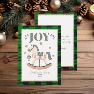 Cartes Pour Fêtes Annuelles Vintage Buffle vert Plaid Cheval Rocking Joy